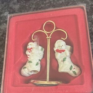 Lenox Snowman Stocking salt and pepper with Gold Stand